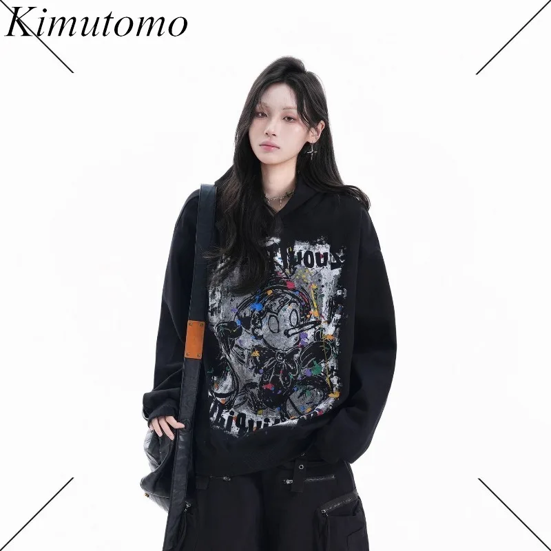

Kimutomo Sweatshirts Women Vintage Cartoon Printed Graffiti Autumn Winter Loose Y2k Aesthetic Harajuku Hoodies Grunge Ladies