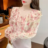 Green Flowers Soft Woman Top Chiffon Tunic 2025 Youthful Clothes Casual Youth Clothing Trend Elegant Shirts & Blouses for Women - Image 6