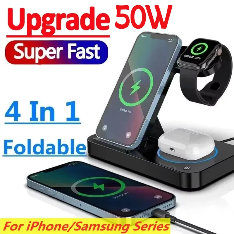 50W 4 in 1 Foldable Wireless Charging Station For iPhone 16 15 14 13 12 Apple Watch 7/6 For Samsung Galaxy Watch Chargers 4/3