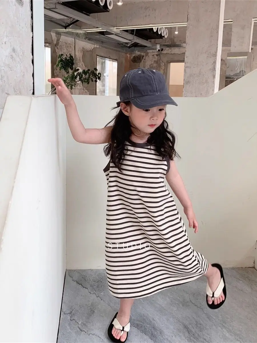 

2024 Fashion Striped Girls Dresses Summer Girls Casual Dresses Sleeveless Girs Skirts Korea Style Children's Clothing