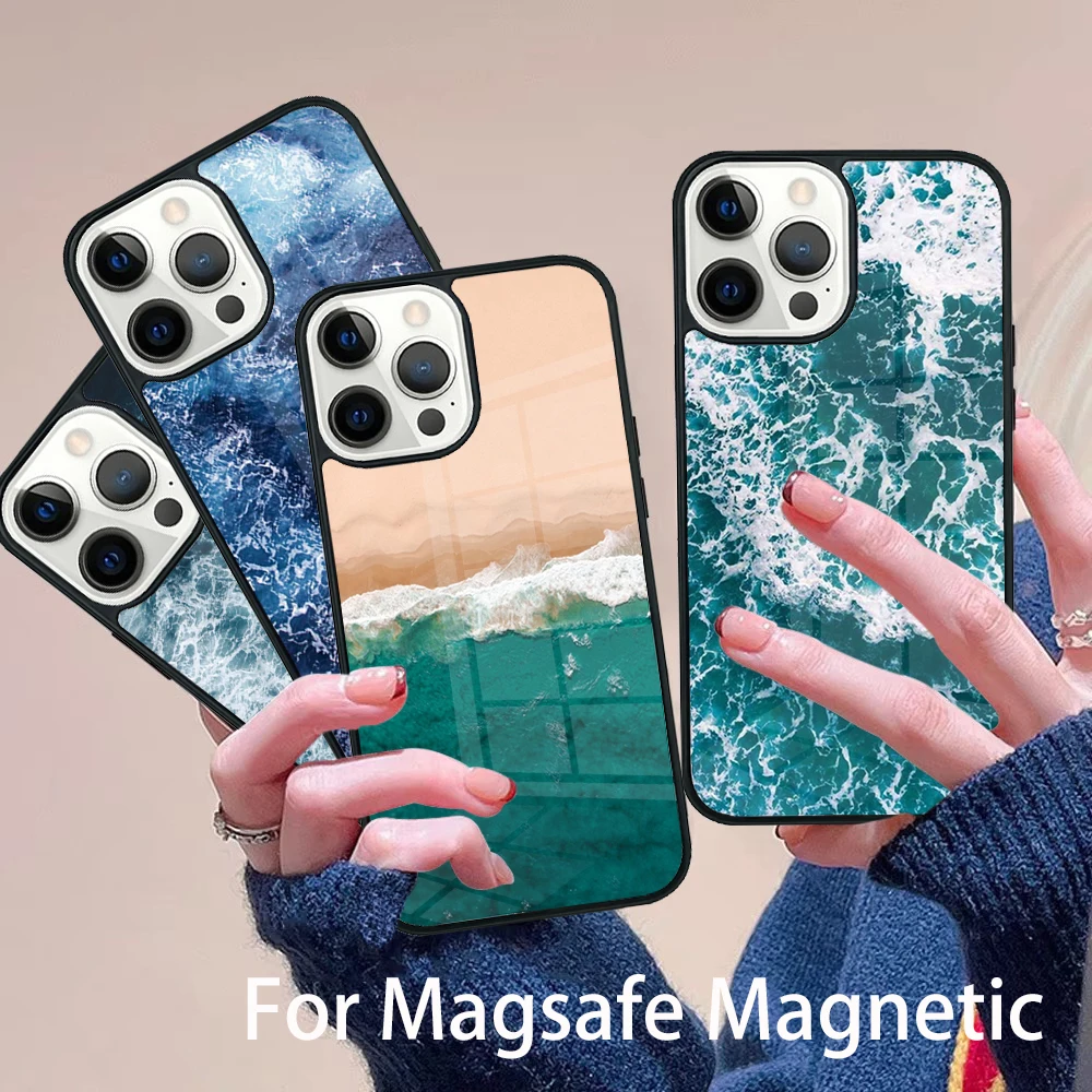

Blue Sea Ocean Waves Phone Case Magesafe Magnetic Wireless Charge Cover For IPhone 16 11 12 13 14 15 Pro Max Plus Mini