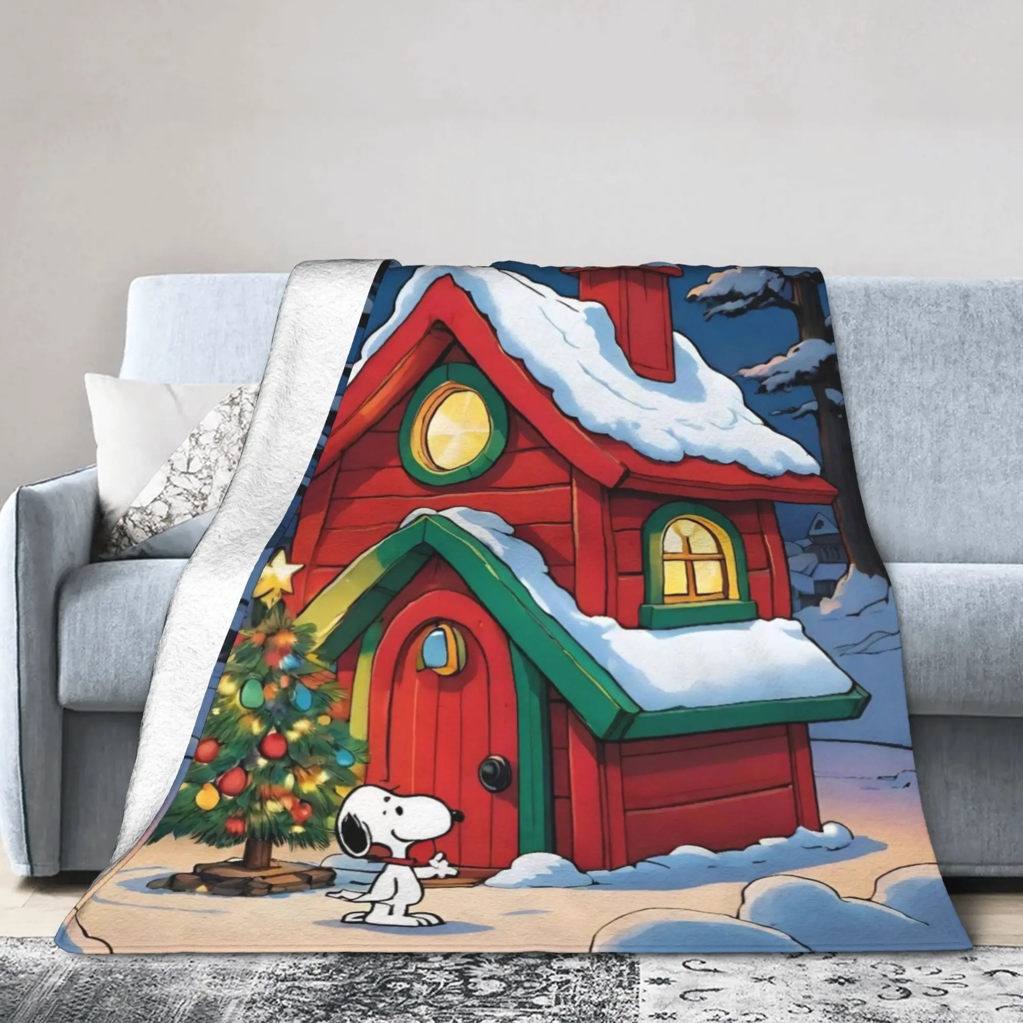 بطانية سنوبي كارتونية لعيد الميلاد، بطانيات ناعمة وخفيفة الوزن متعددة المقاسات للأريكة والسرير #3
