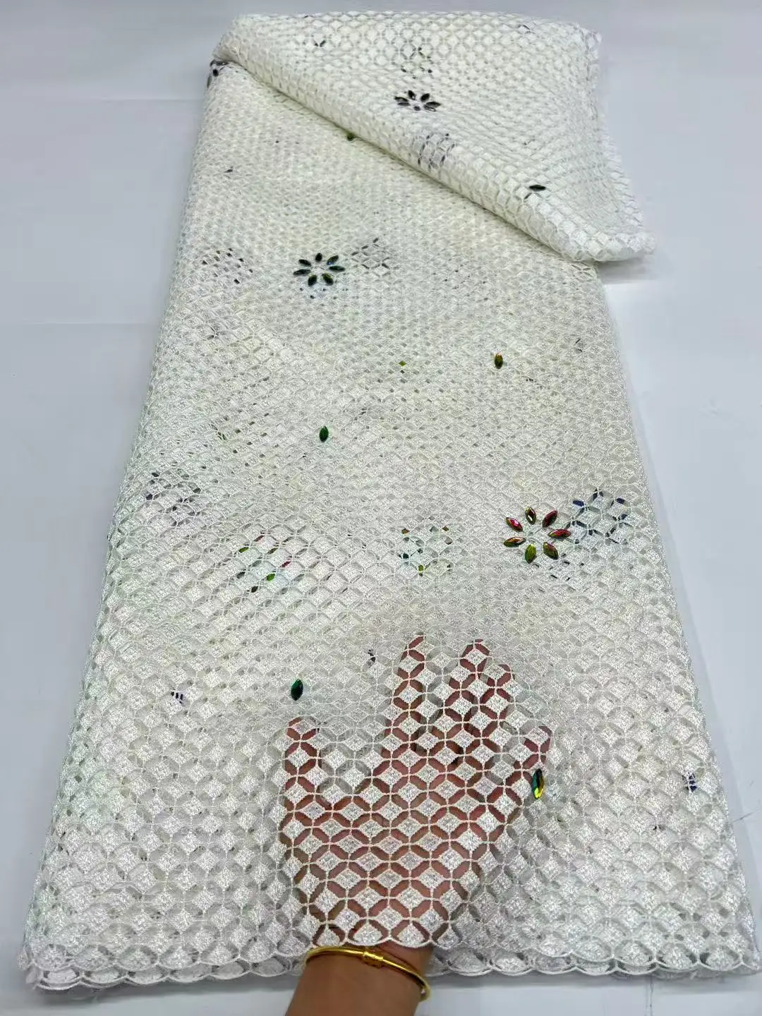 

African Guipure Cord Lace Fabric Luxury Rhinestones Water Soluble French Style Nigerian Design For Women's Dress Sewing 5 Yards