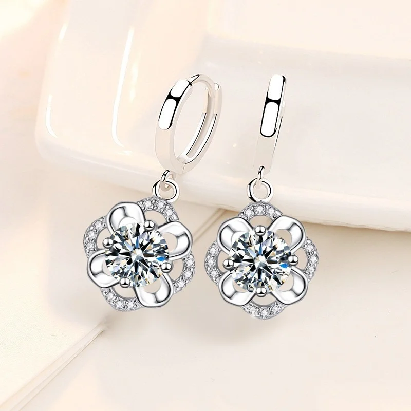 925 Sterling Silver New Woman Fashion Jewelry High Quality Blue Crystal Zircon Flower Earrings Hot Selling Earrings