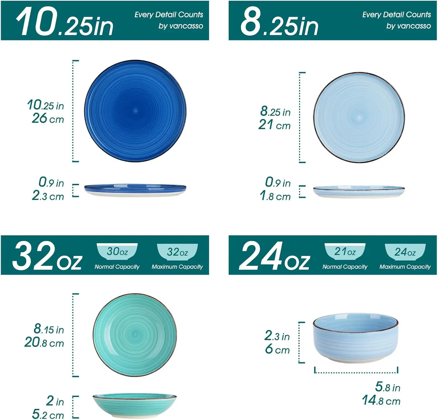 vancasso Bonita Dinnerware Sets 24 Pieces, Blue Stoneware Dishes Set for 6, Dinner Platers with Bowls Set,Large Pasta Soup Bowls