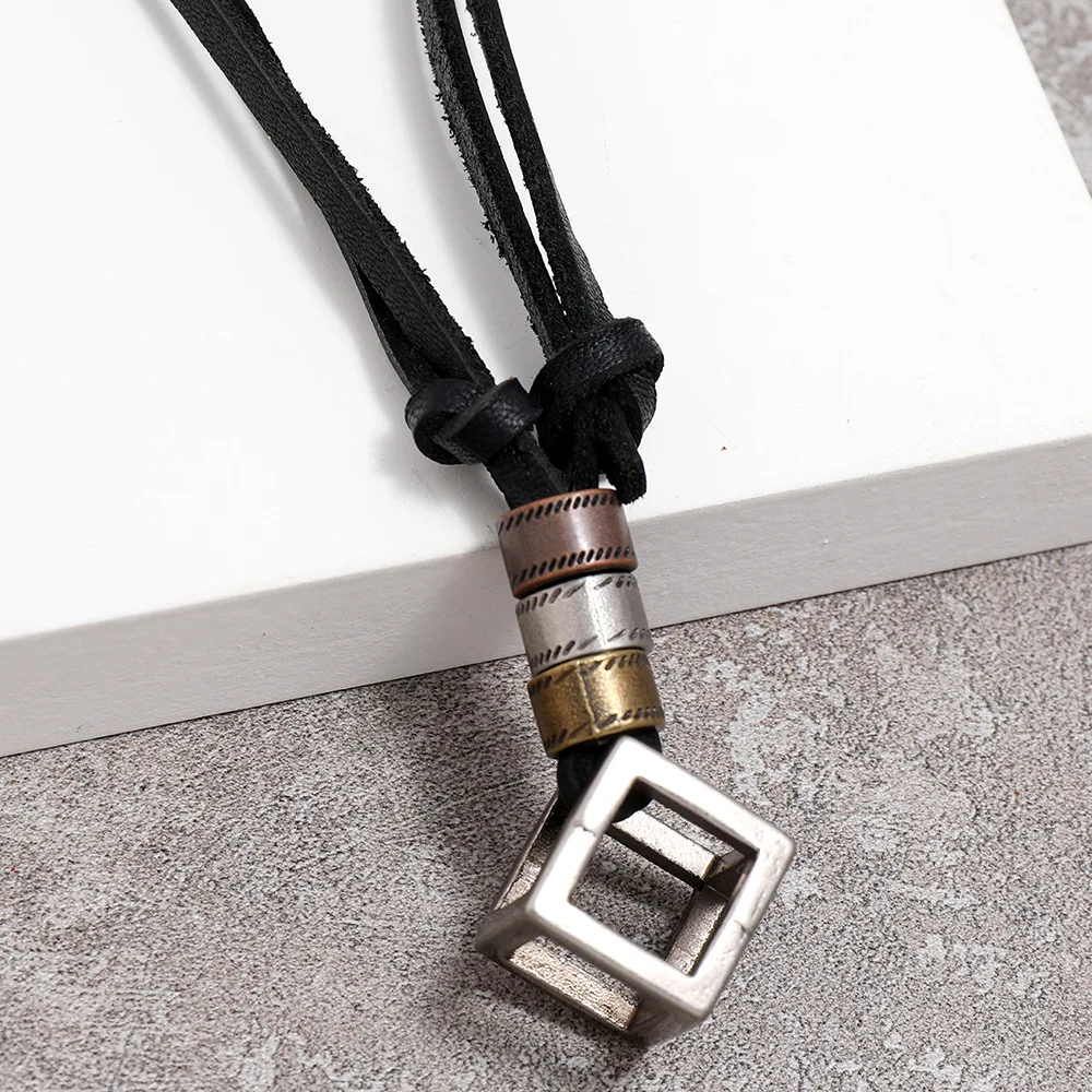 Man Genuine Leather Men Necklaces Hollow Square Pendants Punk Vintage Adjustable Brown Rope Chain Male Jewelry Mens Jewellery