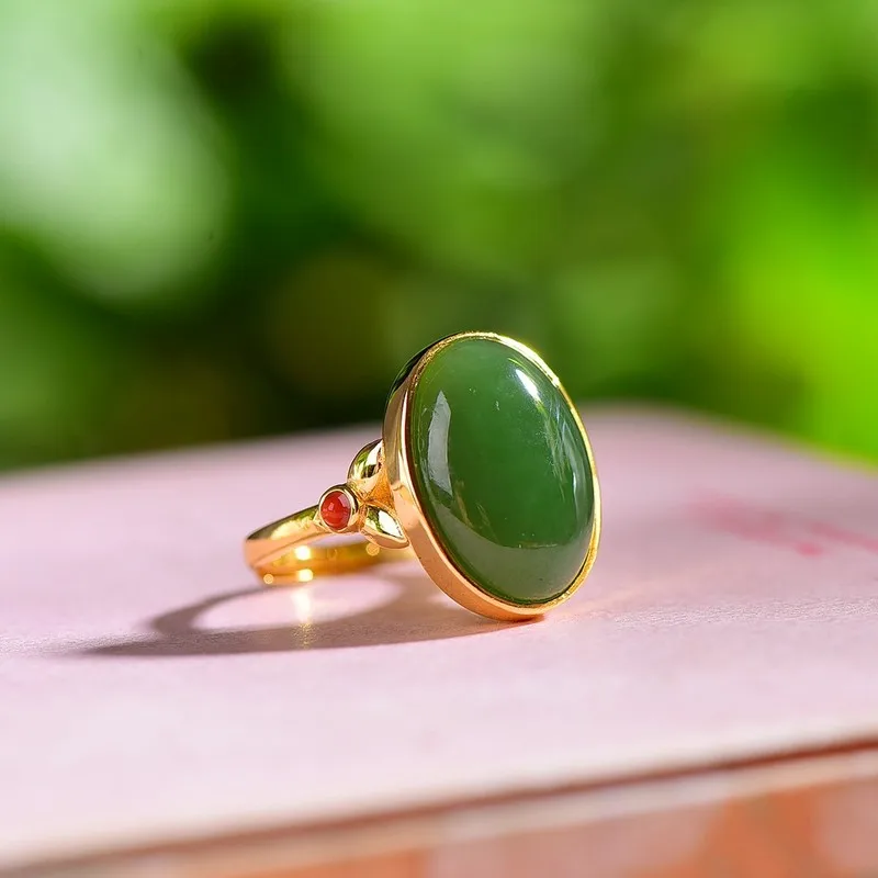 S925 Silver Inlaid Hetian Jade And Cabochon Paired With A Red Agate Ring As A Mom