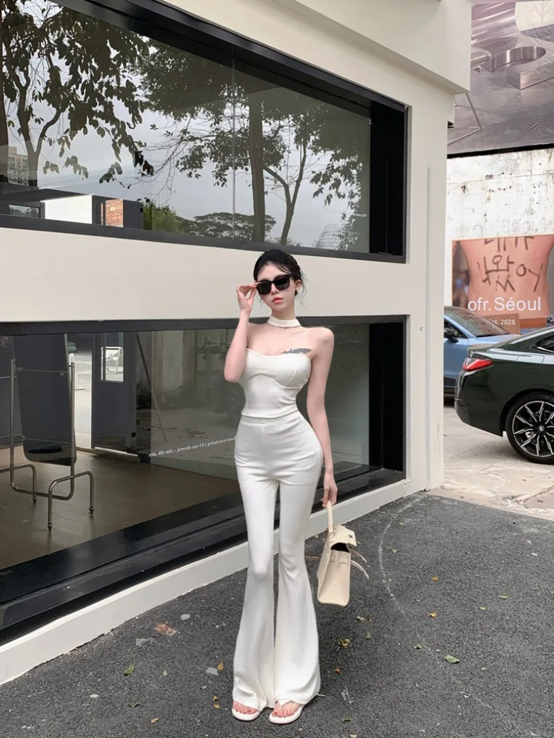 

Spicy Girl White Slim Fit Short Crop Top Women Summer Super Show Figure Set Micro Flare Casual Pants Two Piece Set