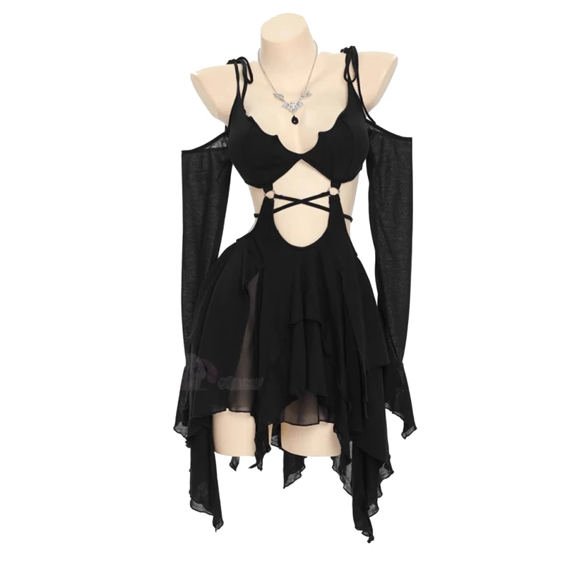 

New Ghost Cosplay Costume Women Sexy See Through Dress With Necklace Gothic Black Sexy Lingerie Halloween Carnival Party Clothes