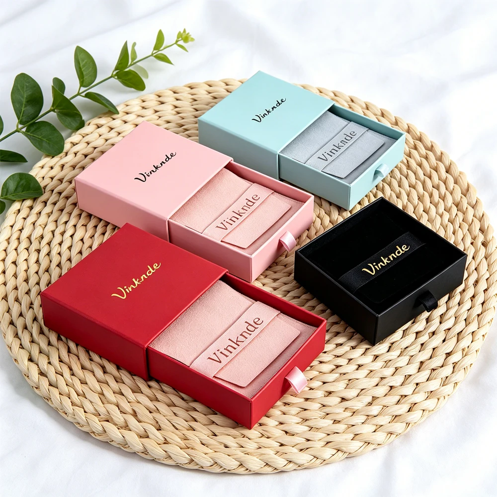 

100Pcs Paper Drawer Jewelry Box Earrings Necklace Oils Packaging Boxes Custom Logo Microfiber Velvet Flap Bags Wedding Gift Case