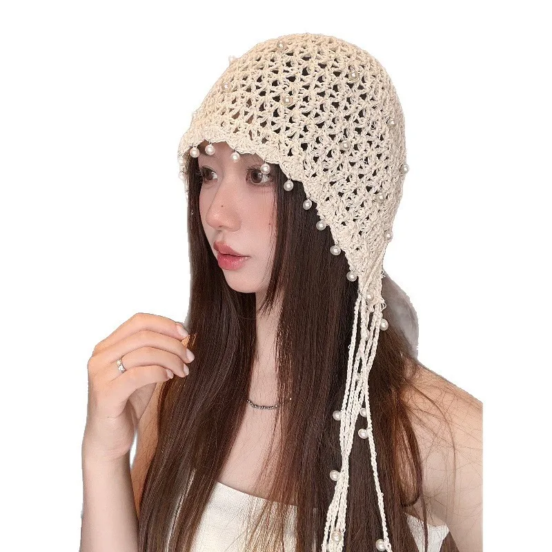 الخريف والشتاء اللؤلؤ قلادة شرابة جوفاء خارج قبعات منسوجة خمر السفر الزي بيني الأغطية للنساء #6