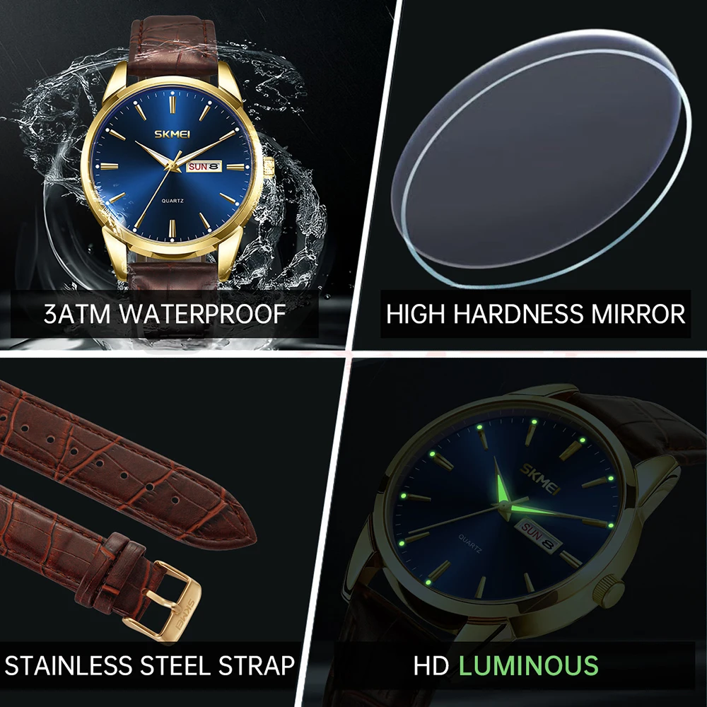 SKMEI مقاوم للماء ساعة كوارتز فاخرة للرجال والنساء الأعمال تاريخ الأسبوع ساعة اليد تصميم الأزياء ساعة الوقت Reloj Hombre
