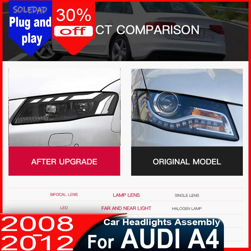 

Светодиодные фары LED для AUDI A4 A4L 2008-2012 годов выпуска, стильные заменяемые фары с дневными ходовыми огнями (DRL) и проектором, комплект для фейслифтинга.