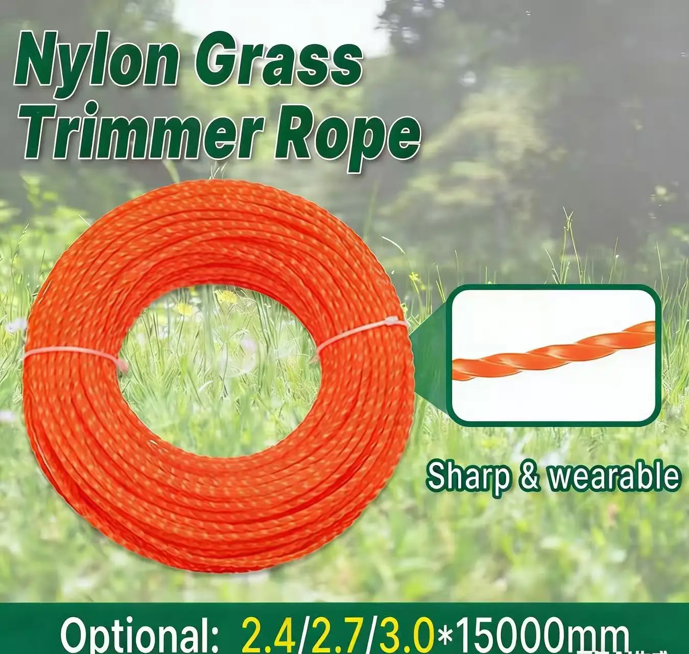 15m*2.4mm/2.7mm/3mm Mowing Nylon Grass Trimmer Rope Brush Cutter Strimmer Line Mowing Wire Lawn Mower Accessory