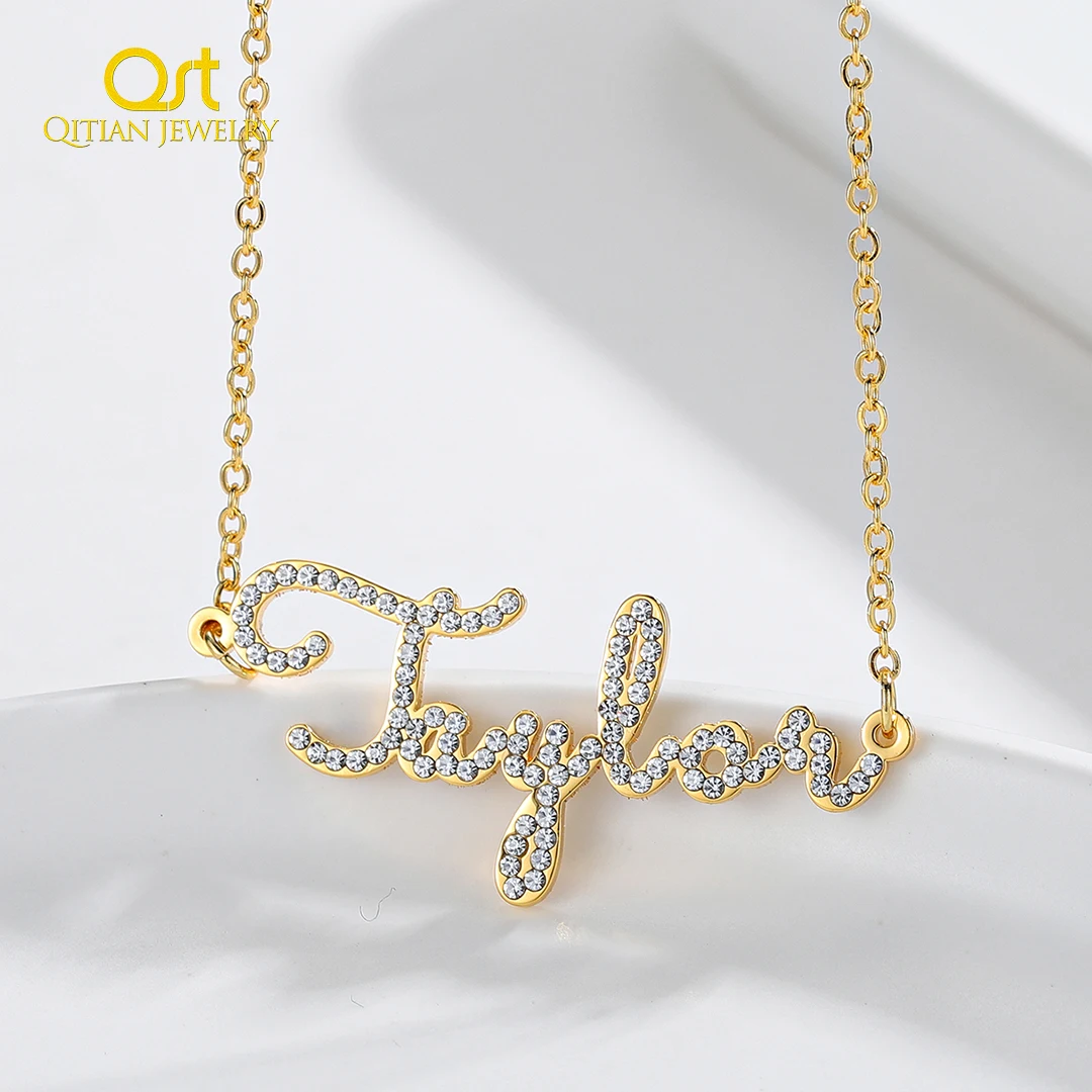 Qitian Personalized Name Necklace CZ Crystal Name Chain Iced Out Zirconia Necklaces Customized Necklace Jewelry For Women Gift