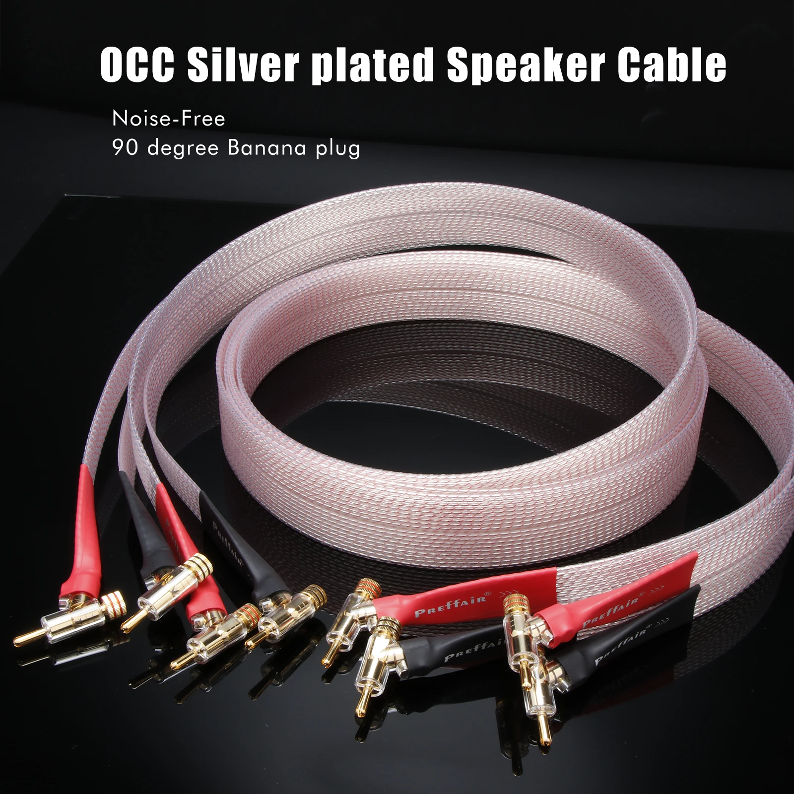 Hifi OCC Speaker Cable Flat Belt Speaker Cable with 90 Degree Banana Y Plugs Cable for Speaker Amplifier