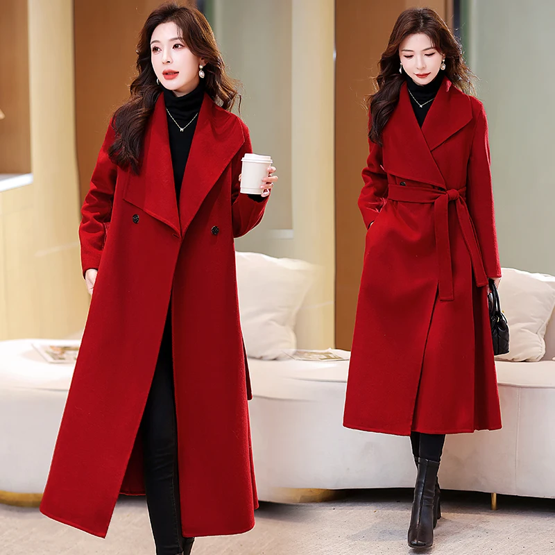 2026 Fashion Red Double-sided Wool Blends Coat Women's X-long Overcoat Autumn Winter Sashes Loose Woolen Outerwear Streetwear