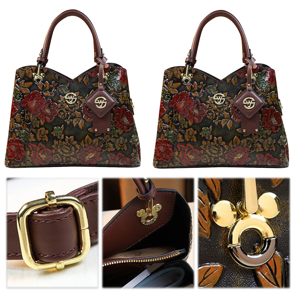 

Women Flower Leather Middle-aged Mother Bag Zipper Closure Carved Retro Handbag Top-handle Handbags for Daily Use Satchel Bag