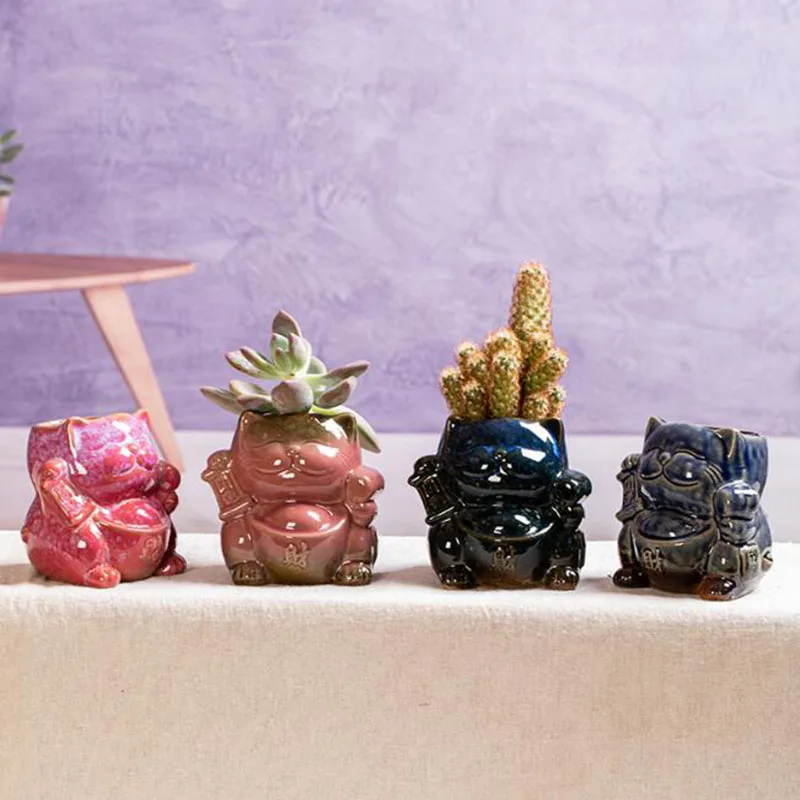 Cartoon Lucky Wealthy Cat Flower Pot Desktop Succulent Plant Pot Vase Ceramic Crafts Home Garden Decor