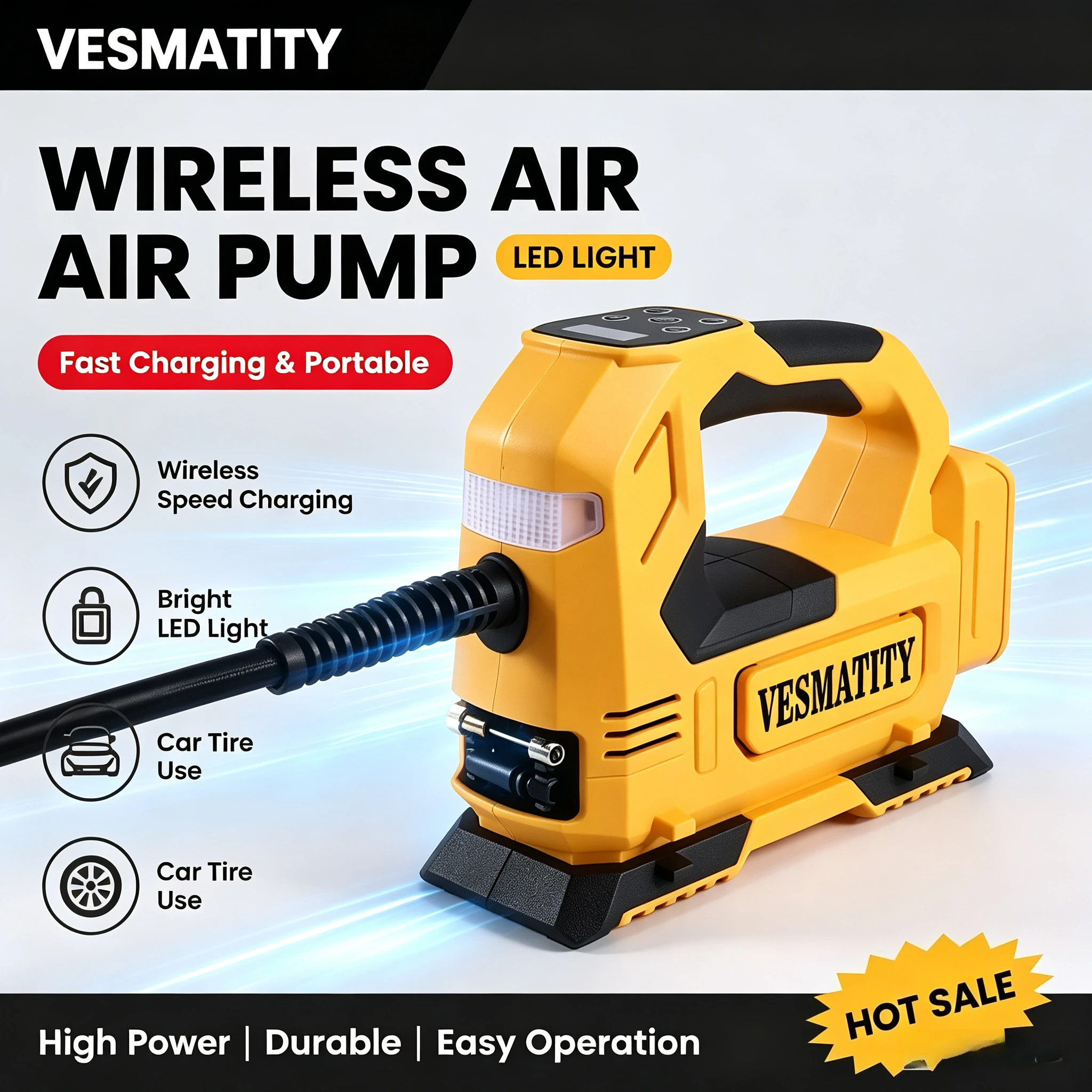 Inflador de Pneus Automático, Compressor de Ar Elétrico Sem Fio com Medidor Digital de Pressão para Carro e Bicicleta, Compatível com Bateria Dewalt