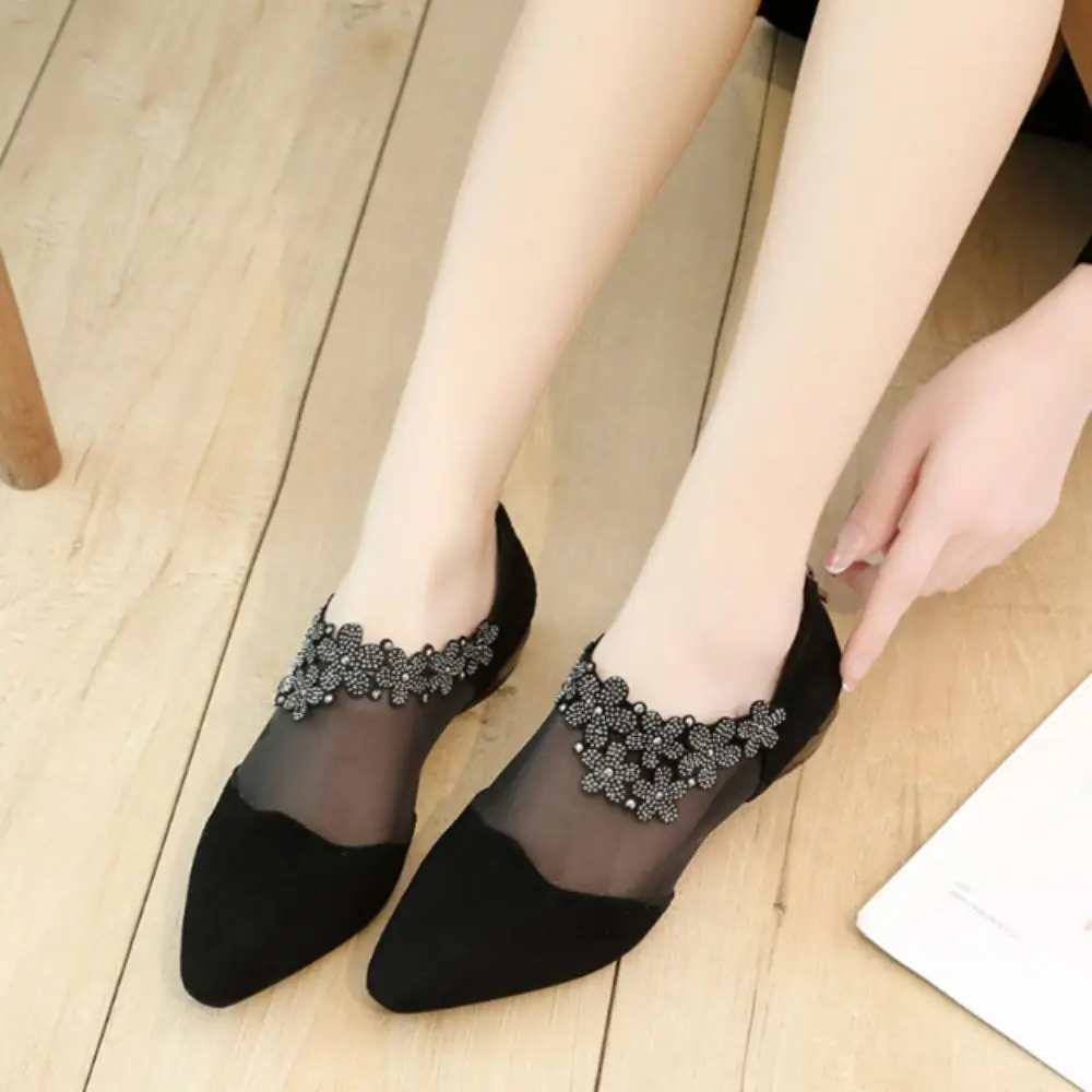 Zapatos puntiagudos con diseño de agua a la moda, zapatos individuales de tacón grueso, sandalias de moda con punta estrecha, botas de malla florales de cristal para uso en exteriores