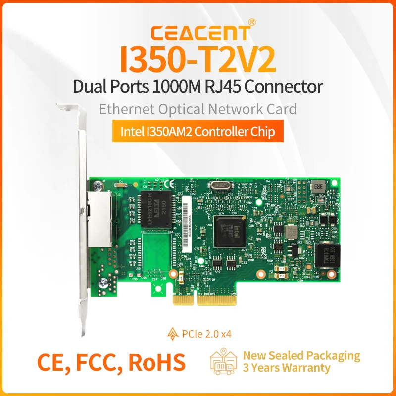 

I350-T2V2 Intel I350AM2 Чипсет 10/100/1000M 2-портовый сетевой адаптер RJ45 PCIe 2.1 X4 с низкими и высокими кронштейнами