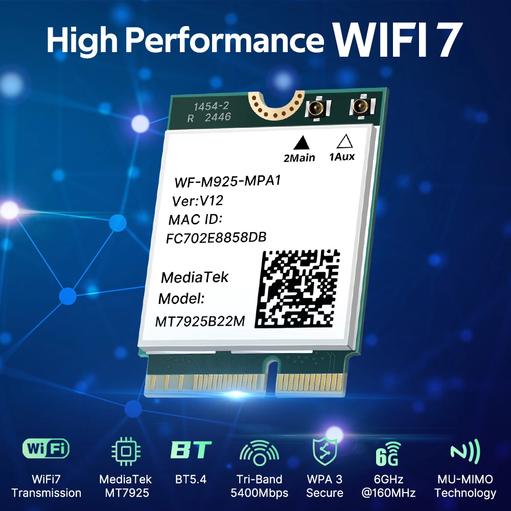 بطاقة شبكة WiFi 7 MT7925 بلوتوث 5.4 M.2 NGFF محول لاسلكي 5400Mbps ثلاثي الموجات 2.4G 5G 6 جيجا هرتز Wifi7 Lan بطاقة لـ Win 10/11