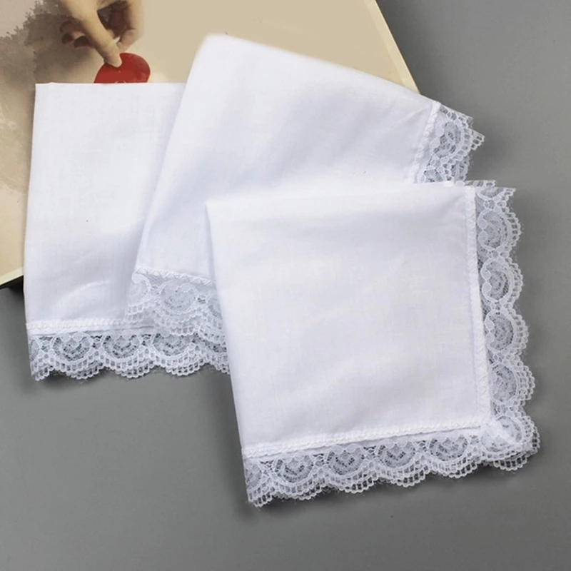 3 Pcs Women Handkerchief Cotton Solid Lace Handkerchief Vintage Simple Handkerchief for Wedding Party