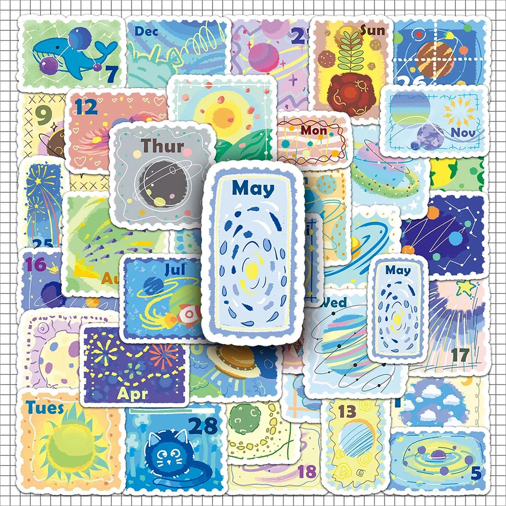 10/30/50pcs Cute Stamp Style Space Calendar Stickers Aesthetic Waterproof Decorative Stationery Diary Laptop