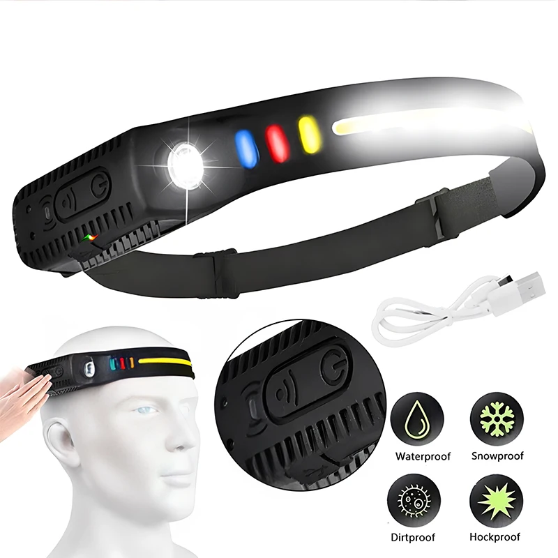 

Induction Headlamp COB LED Sensor Head Lamp Built-in Battery Flashlight USB Rechargeable Head Torch 5 Lighting Modes Headlight