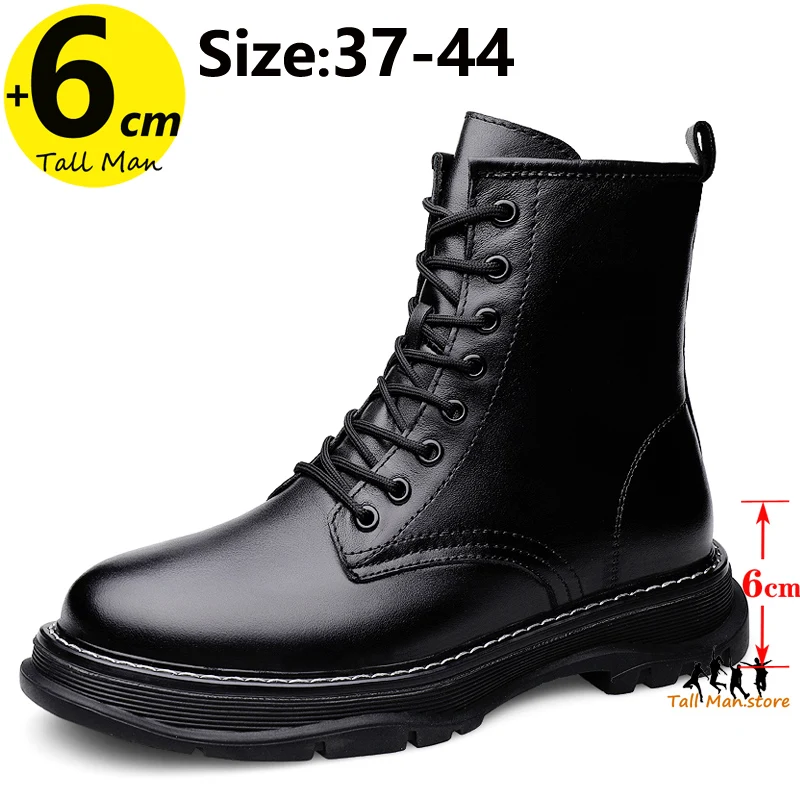 Men Leather Outdoor Ankel Boots Height Increase Insole  6cm Man Elevator Shoes Plus Size 37-44