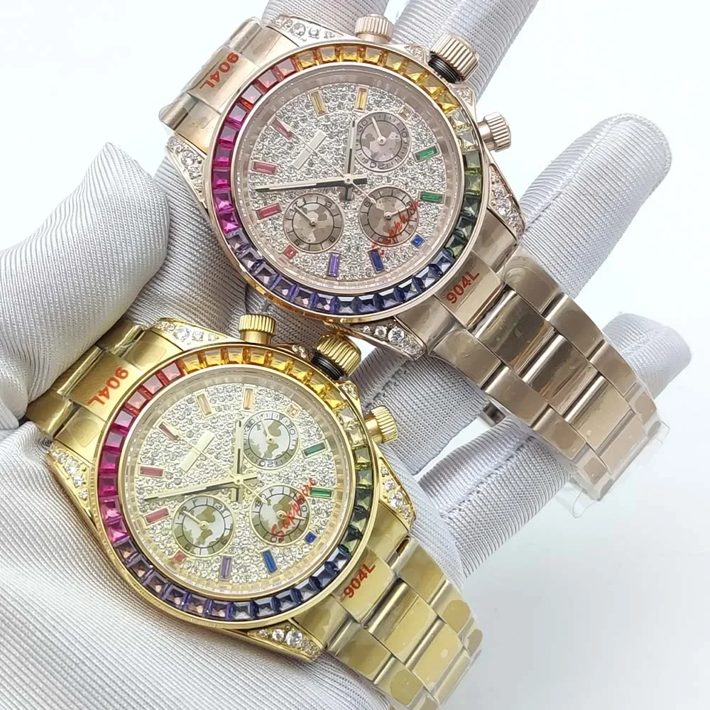 

Luxury 40MM VK63 quartz watch with diamonds in gold and rose gold luxury fashion sports men's watch,waterproof,sapphire glasss