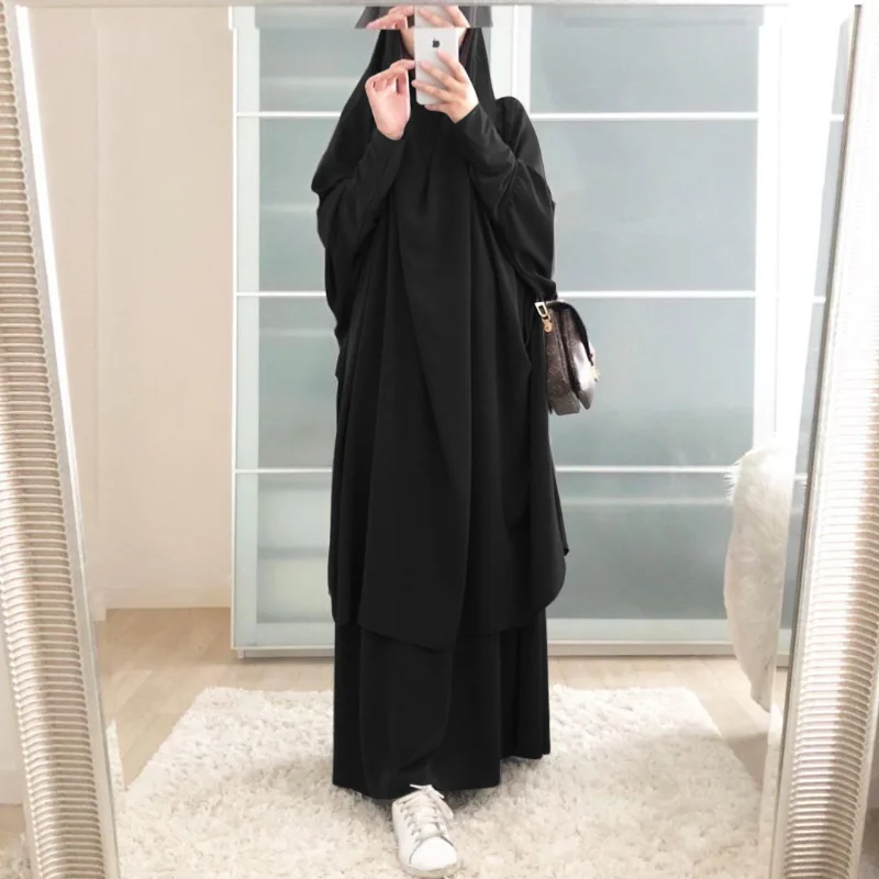 Eid Dubai Ramadan Prayer Garment Abaya Dress Women Jilbab Long Khimar Robe Kaftan Niqab Islam Clothe Two-Pieces Lady Muslim Set