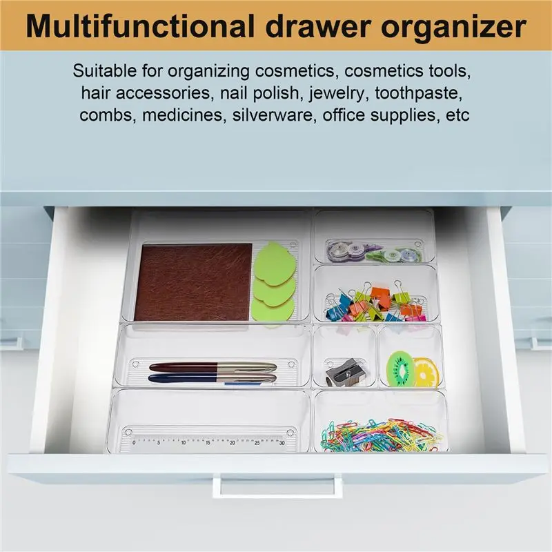 AT05-9 Pcs Clear Drawer Organizer Trays Assorted 4-Size Drawer Dividers, Versatile Storage Boxes Makeup Organiser Set