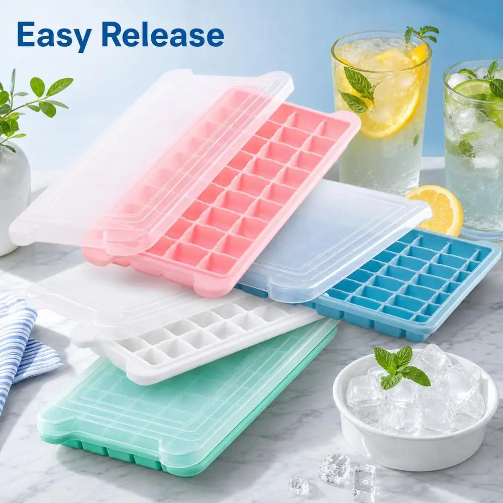 Silicone Ice Cube Tray with Lid 36-Cavity Easy Press Release Ice Mold Freezer Stackable Pastel Mini Ice Maker for Herbs Coffee