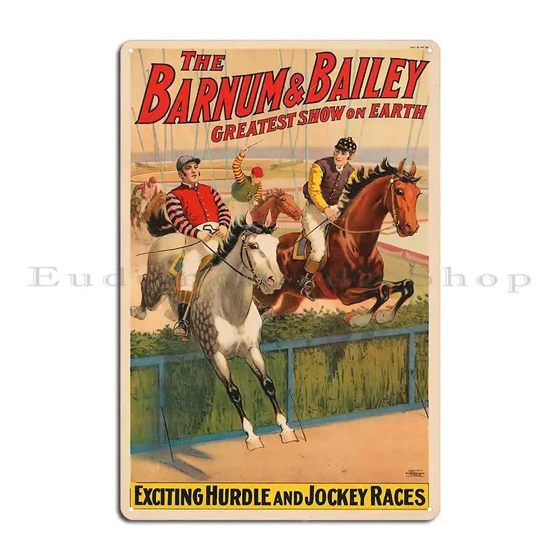 Stk501822a Vintage Circus Poster Of Jockeys On Horses Jumping A Hedge Metal Signs Club Kitchen Designs Tin Sign Poster