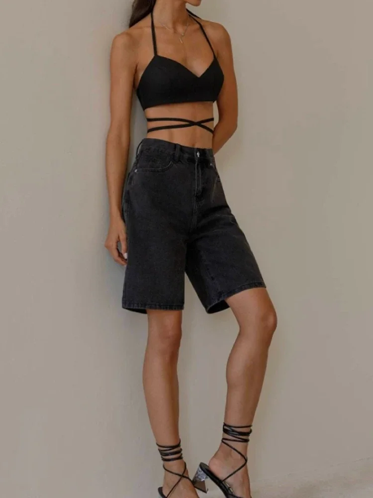 Loose Women's Denim Shorts Vintage Casual Straight Wide Leg shorts Fashion Summer High Street Oversize High Waist Black Shorts