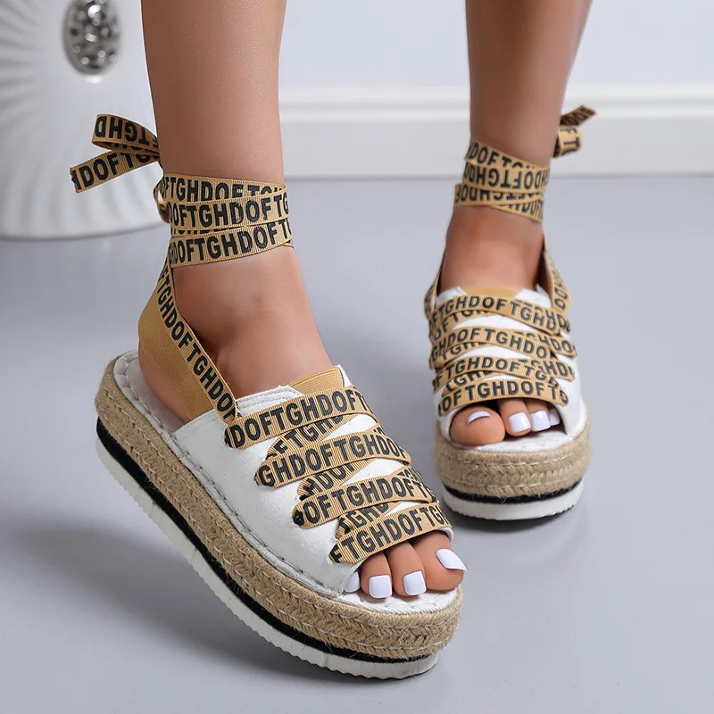 Letters Ankle Straps Sandały Damskie Thick Sole Huaraches Cross-Tied Tacones Peep Toe Chaussures Roman Sandals Women Netural