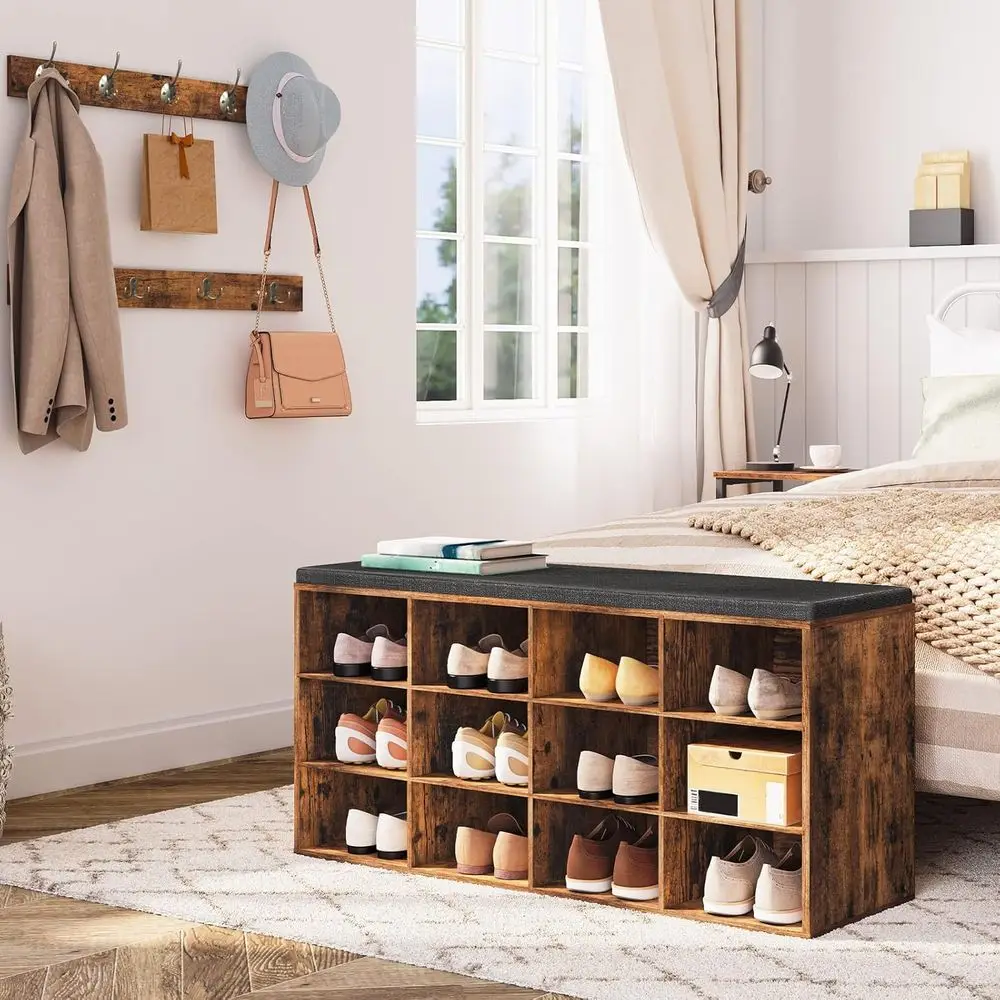 12-Cubby Shoe Bench with Cushion, 39.4 Entryway Storage, Coat Rack, Holds 330 lbs