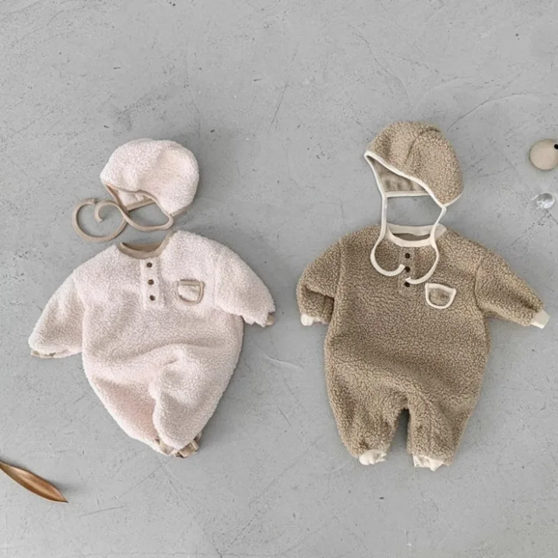 

2025 Winter New Baby Warm Berber Fleece Romper + Hat Newborn Toddler Plus Velvet Thick Long Sleeve Jumpsuit Boy Girl Clothes