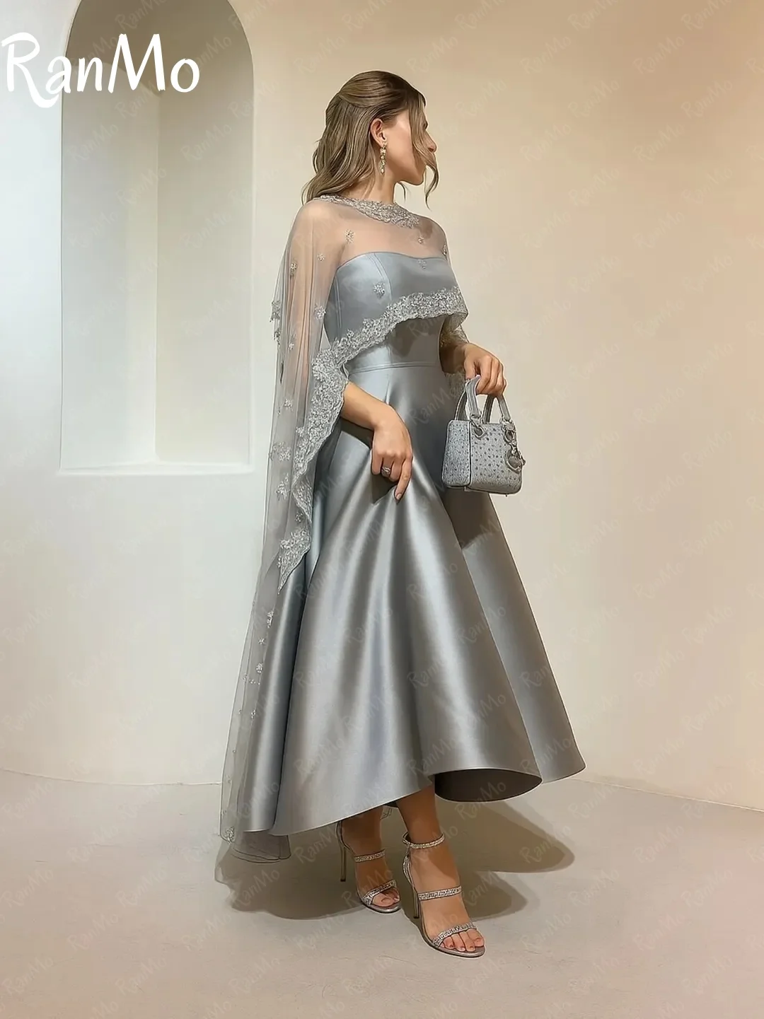 Ranmo New Customized Elegant Grey Shawl Strapless Satin Evening Dress A-line Ankle-Length Special Occasions فساتين سه