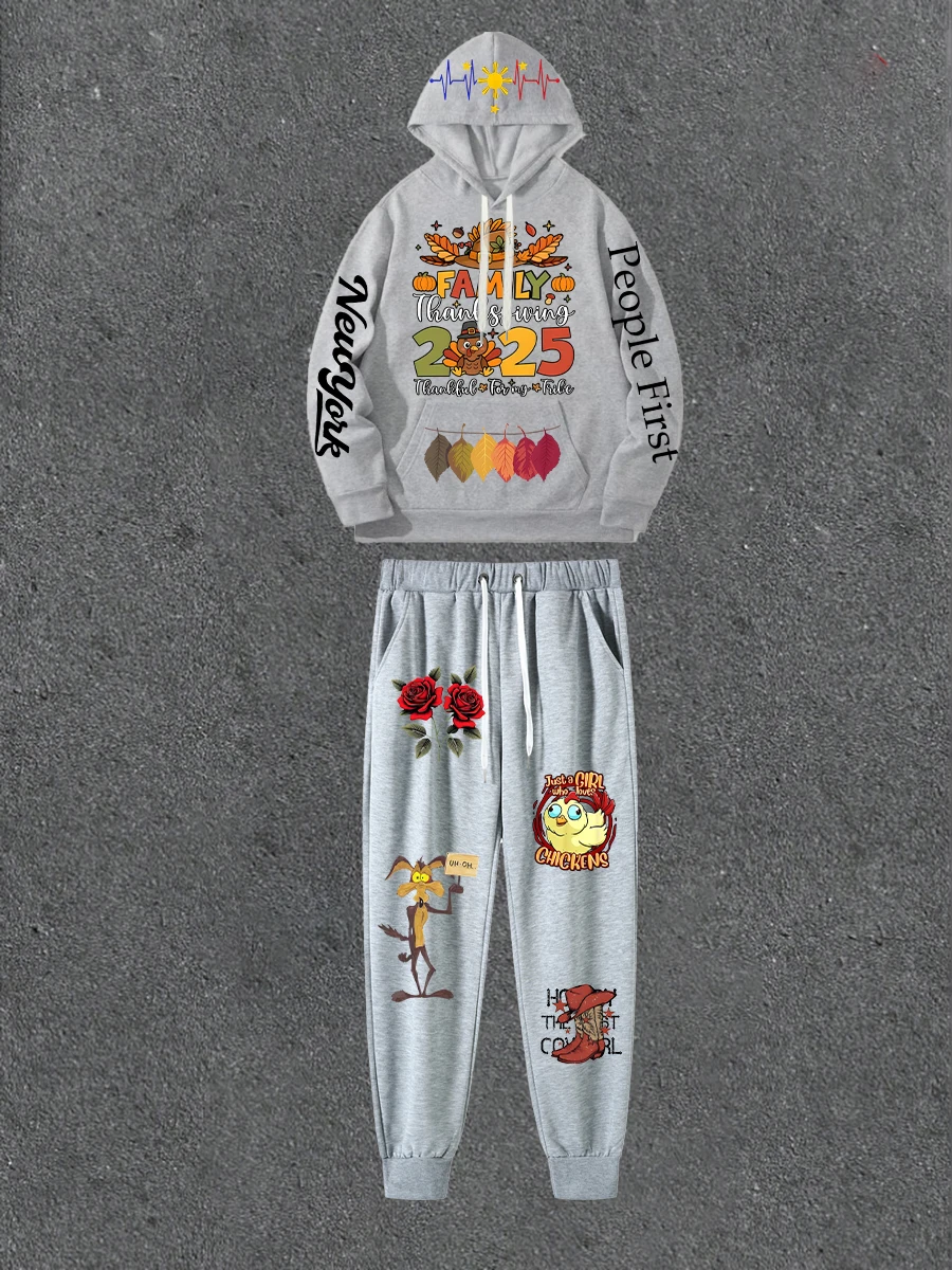 

Серая толстовка с двусторонним принтом в сочетании с повседневными брюками с принтом Свободная толстовка с капюшоном в уличном стиле с повседневными брюками