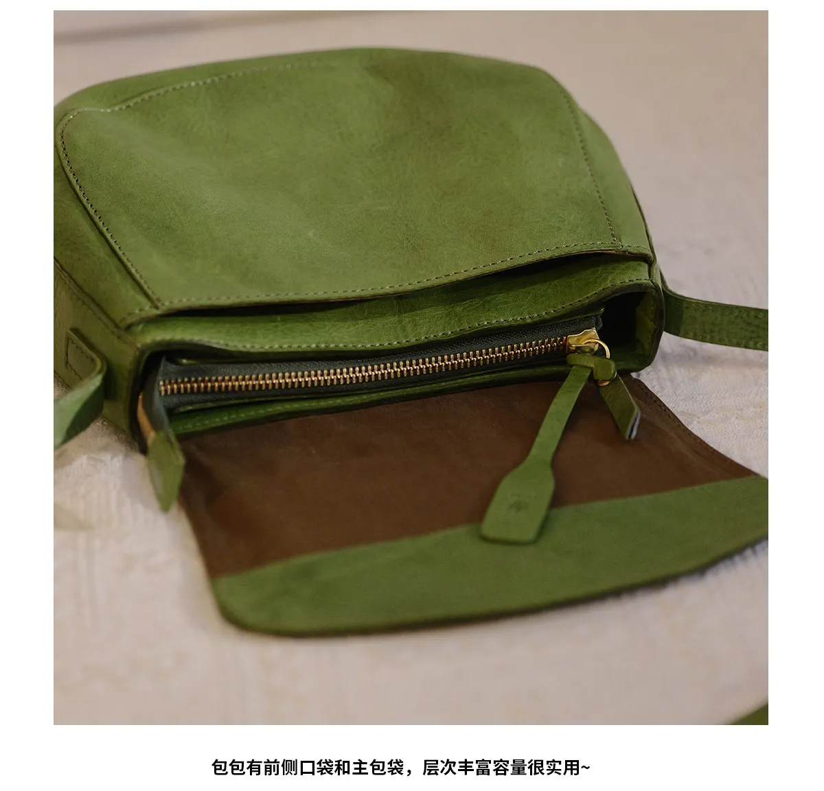 Vintage Designer Handgefertigte Grüne Umhängetasche aus Pflanzlich Gegerbtem Rindsleder für Damen, Luxuriöse Echte Leder-Schultertasche für Outdoor-Reisen – Detail 21