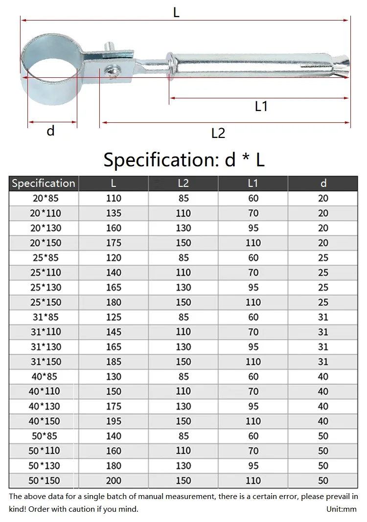 5 szt. Zaciski do rur ze stali węglowej ocynkowanej, przedłużone, długość 85/110/130/150 mm, rozmiary 20/25/31/40/50 mm
