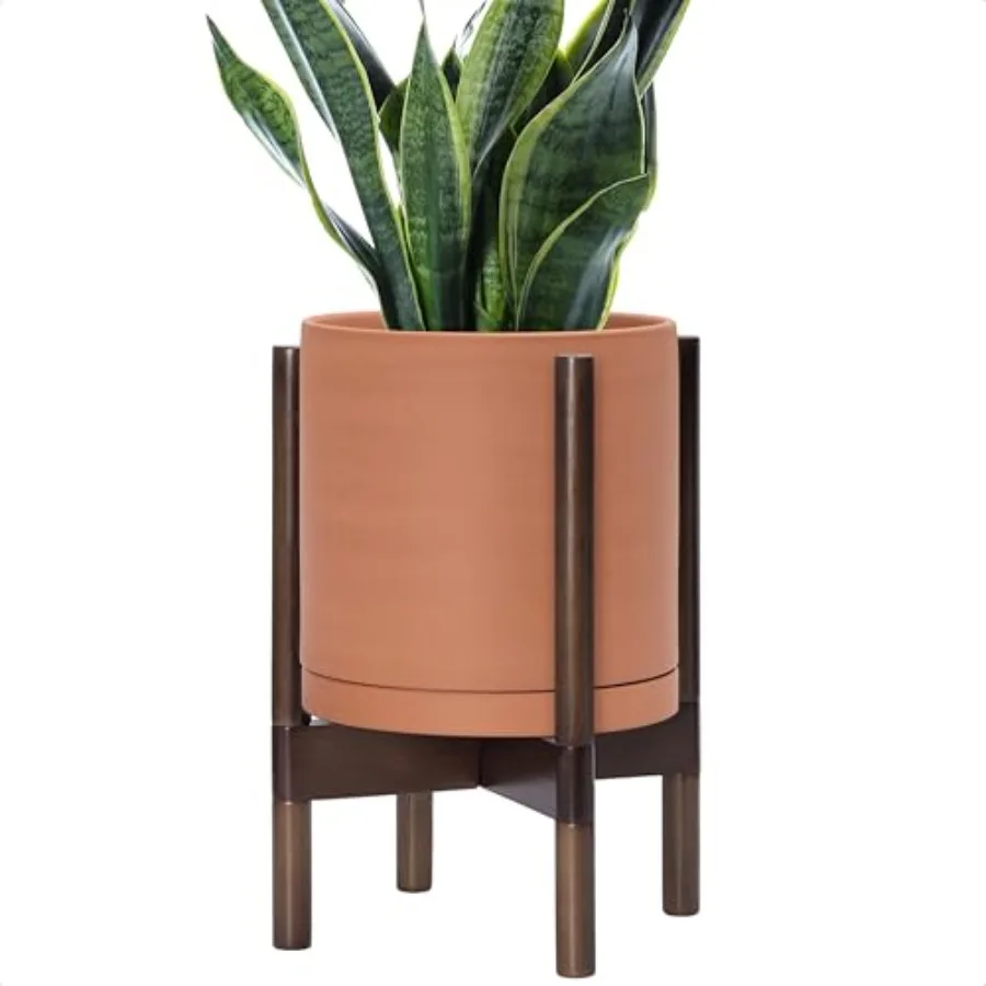 

10-дюймовый современный круглый цветочный горшок с подставкой из дерева цвета орех, терракотовый держатель для растений 55-B-X-5