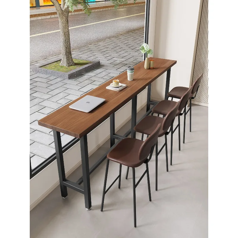 Commercial milk tea dessert shop window bar table bar cafe long narrow table solid wood high table and chairs