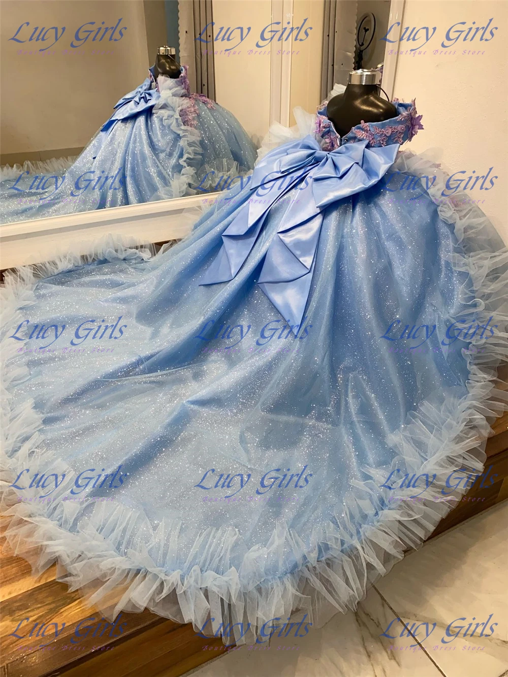 

Gorgeous BLUE Flower Girl Dress Tulle Fluffy Quality Applique Wedding Dresses Little Princess Girls Birthday Party Evening Gowns