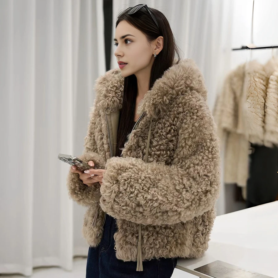 Chaquetas de piel auténtica para mujer, abrigo de oveja mongol de invierno, abrigo de piel de cordero rizado marrón, novedades de abrigo a la moda