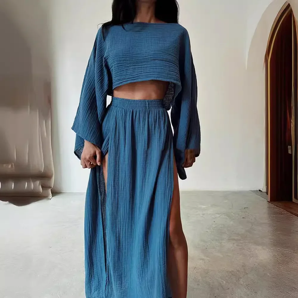 Casual Solid Cotton Linen 2 Piece Sets Spring O Neck Crop Top High Waist Slit Women Skirt Outfit Summer Flare Sleeve Hollow Suit