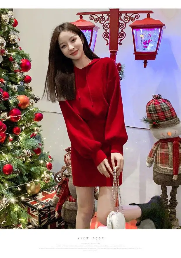 Robe courte rouge pour le nouvel an chinois, à capuche, slim, pour femmes